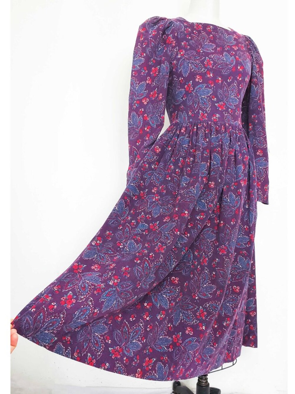 Laura Ashley Womens Vintage Cottagecore Corduroy Dress Romantic Paisley Britain